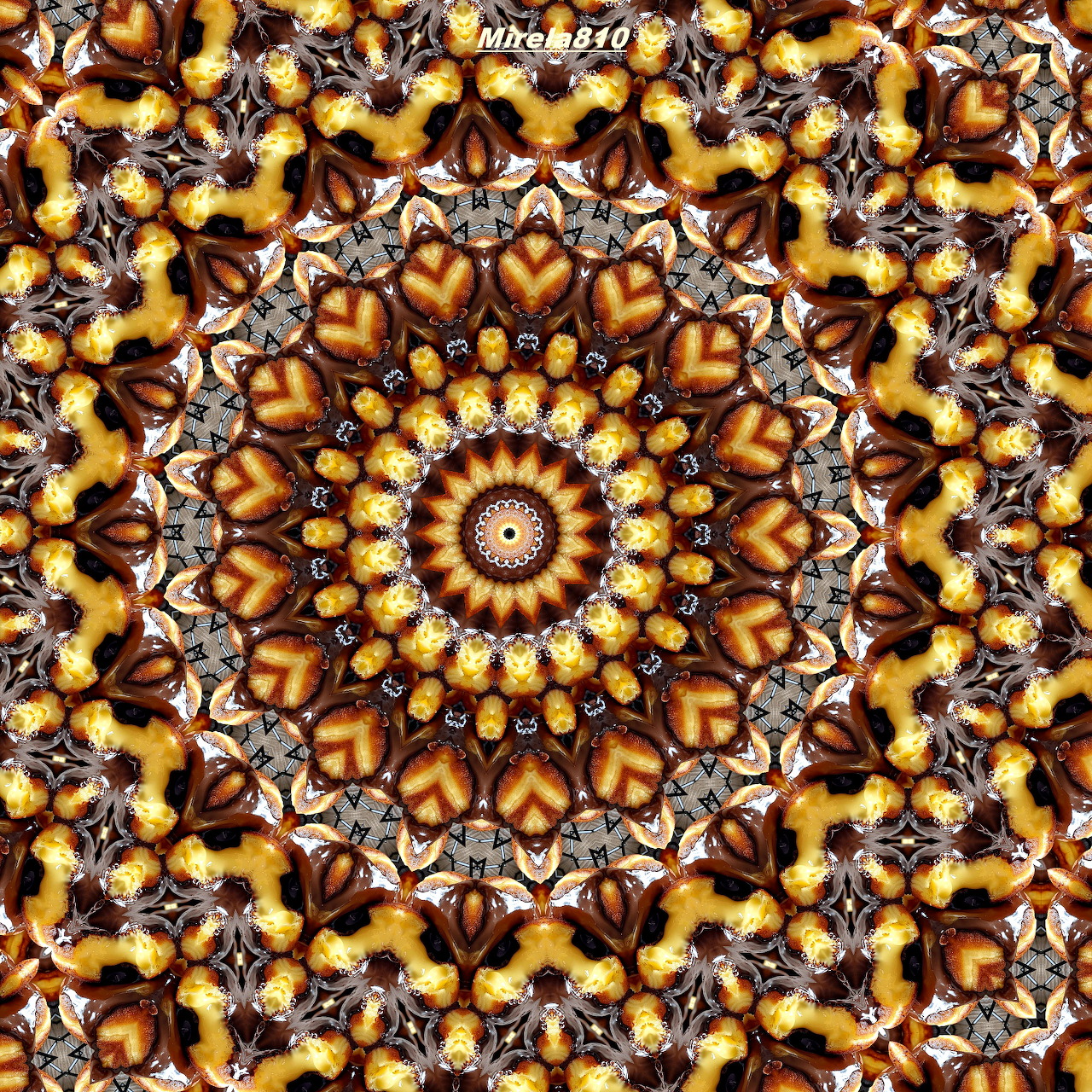Ornate circular mandala with golden brown symmetrical pattern radiating from center