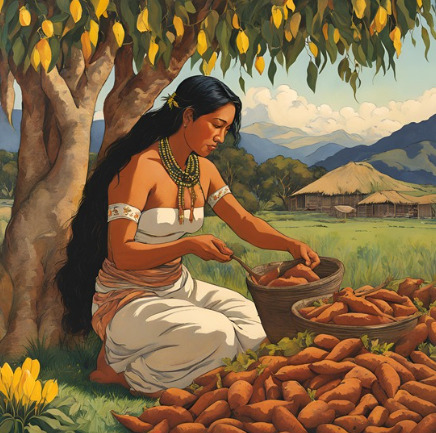 Illustration of a Polynesian woman kneeling and sorting kumara sweet potatoes into a basket under a tree