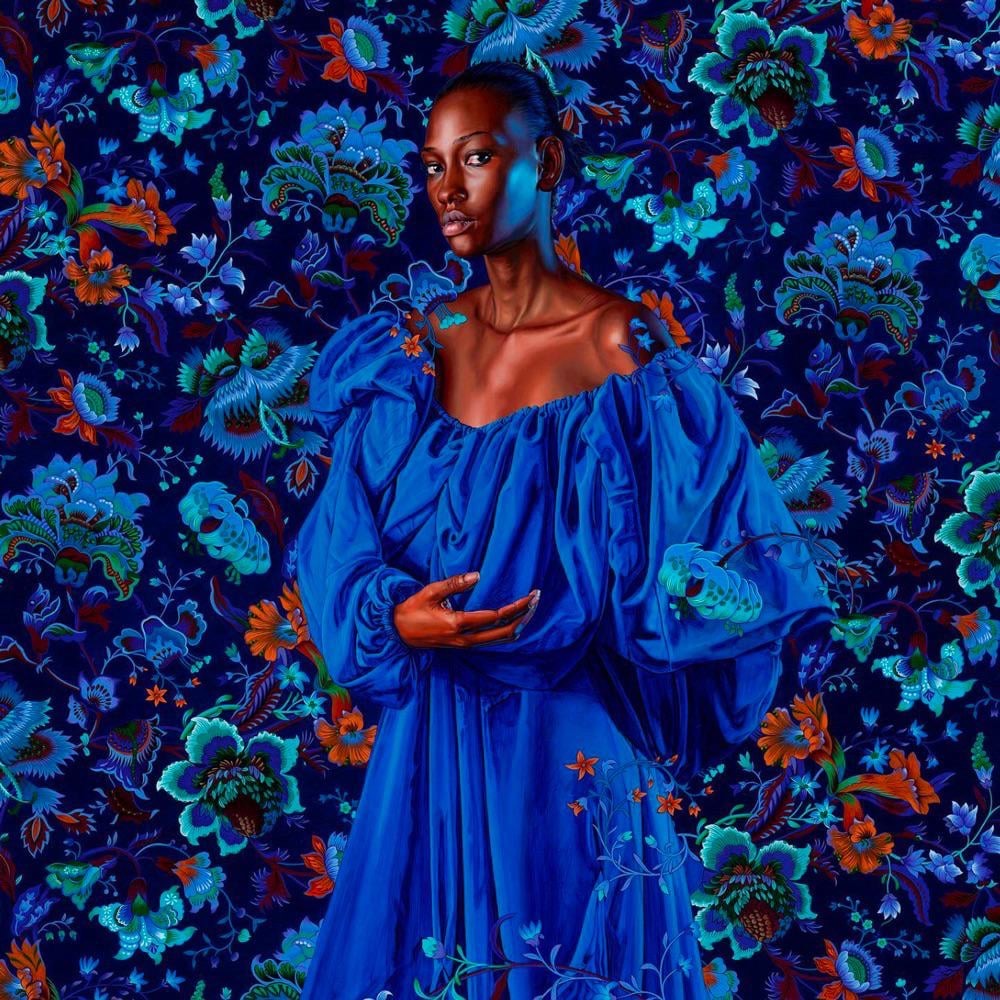 Portrait painting of a woman in a blue dress with a vivid blue floral background