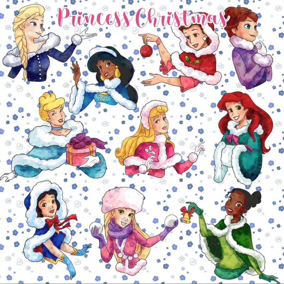 Cartoon princesses in winter clothing with Christmas presents and snowflakes scattered on white background