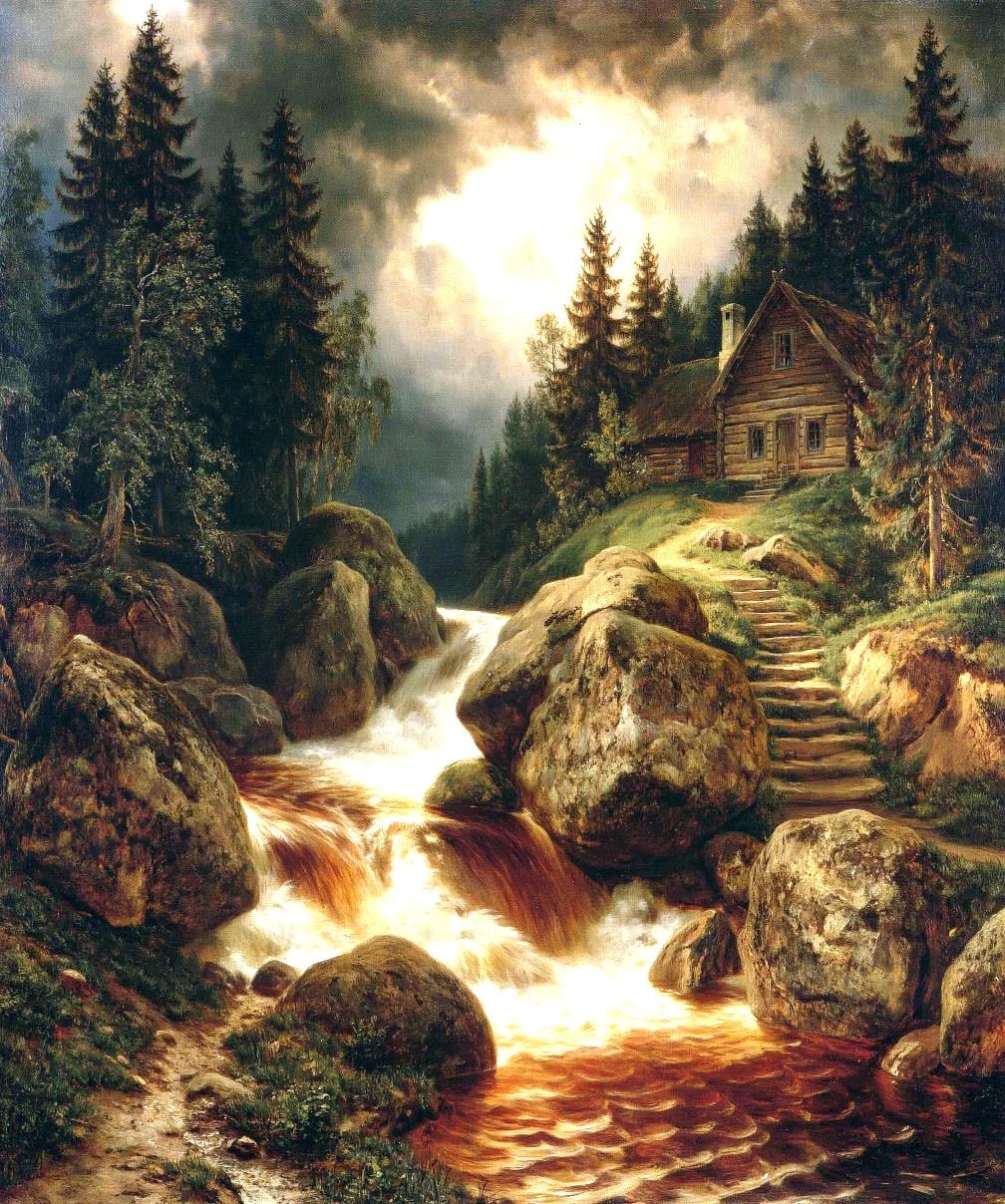 Painting of a rustic mountain cabin above a rocky stream surrounded by pine trees
