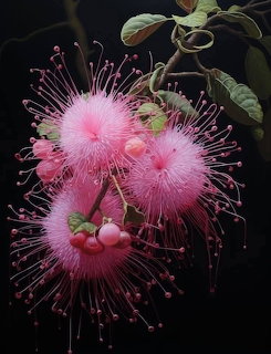 Pink eucalyptus flowers with delicate radiating stamens and round buds on a dark background