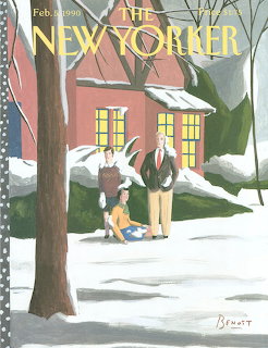 Illustration of couple with dog walking in snow past lit house on winter evening