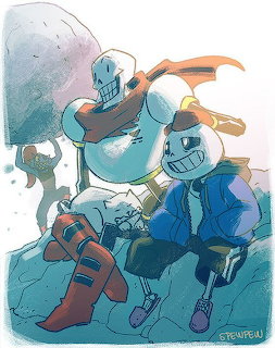 Two skeleton characters, one in armor and one in a blue jacket, sitting on a snowy cliff