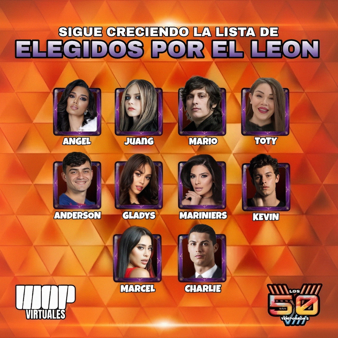Ten contestant headshots in a framed collage on an orange geometric background with Spanish text