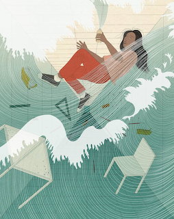 Illustration of a woman floating in turquoise waves with overturned chairs