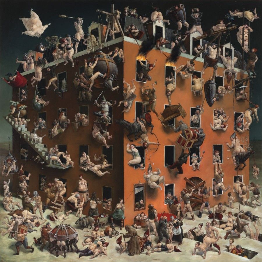 Dense surreal collage with figures and animals surrounding orange geometric structure