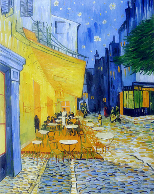 Van Gogh painting of a yellow cafe terrace at night under a starry sky