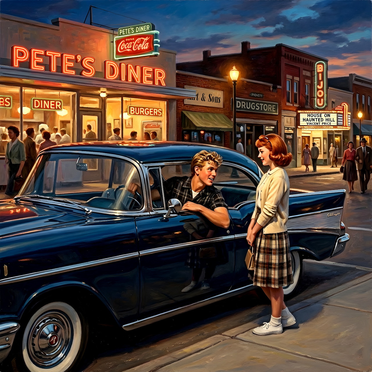 Couple by classic blue car outside Pete's Diner on vintage 1950s main street at twilight