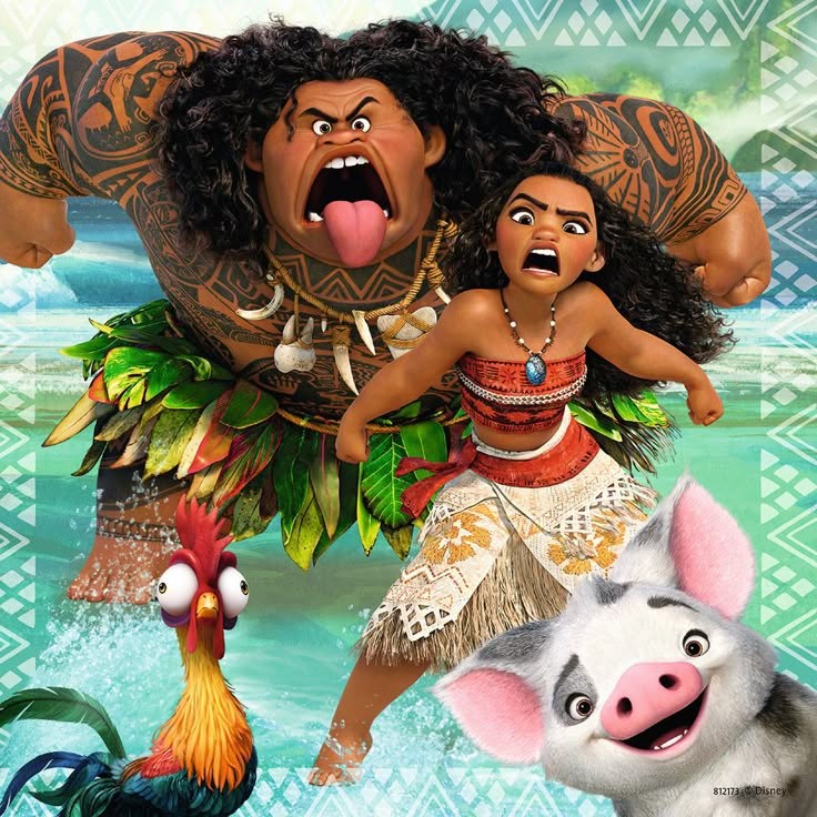 Moana and Maui with rooster and pig in front of tropical ocean background with Polynesian patterns