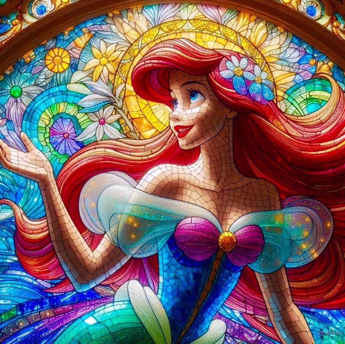 Colorful stained glass illustration of mermaid Ariel with red hair and seashell top against mosaic floral background