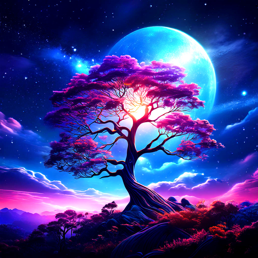 Silhouetted tree with purple foliage against a large glowing moon in a vibrant starry night sky with cosmic clouds