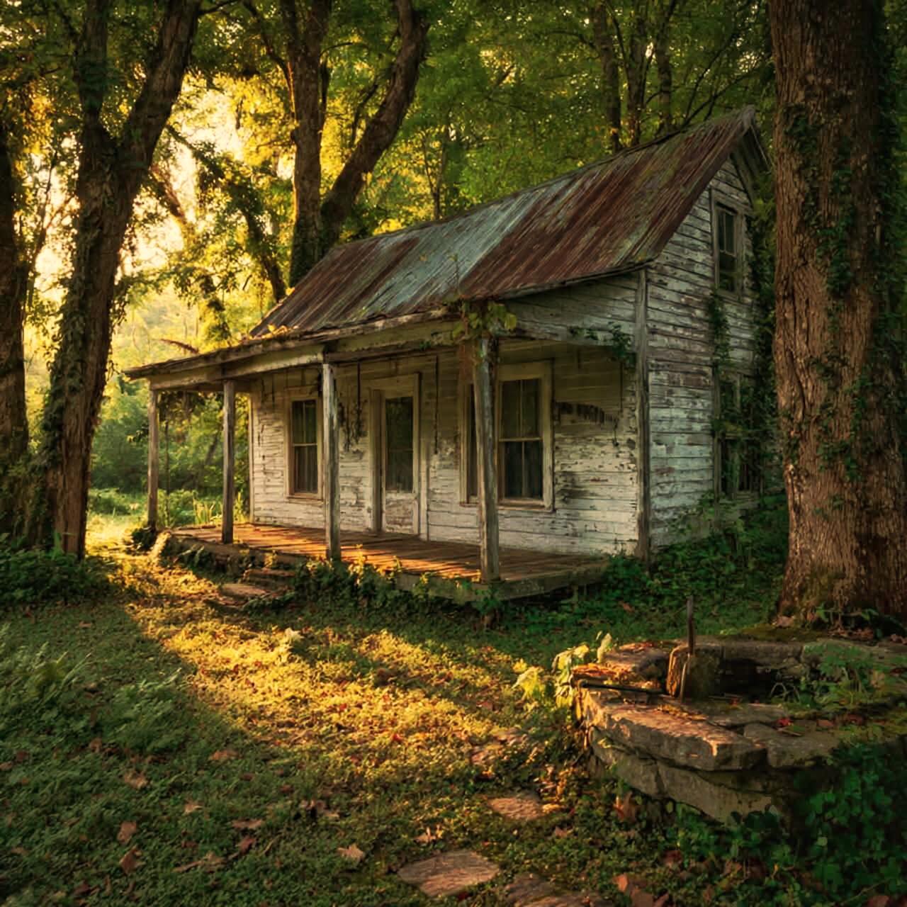 Old weathered wooden barn house in a forest clearing with sunlight through tall trees