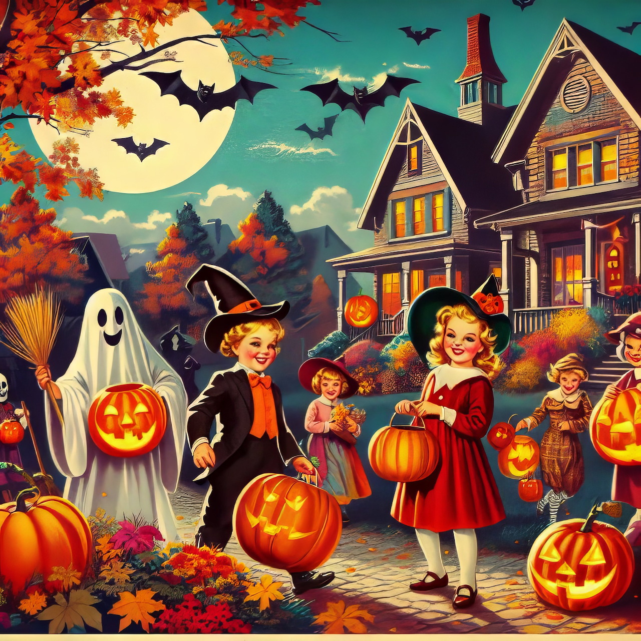Illustrated Halloween scene with children in costumes, glowing pumpkins, bats, and a haunted-looking house
