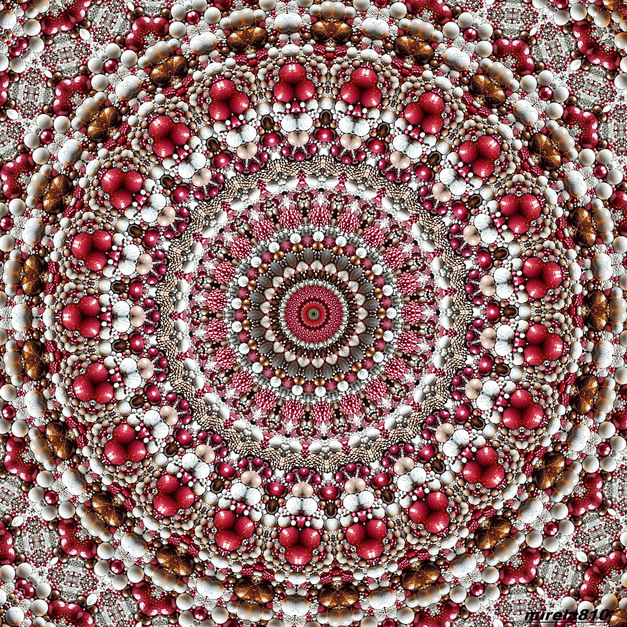 Detailed circular mandala with red, brown and white symmetrical geometric patterns radiating from center