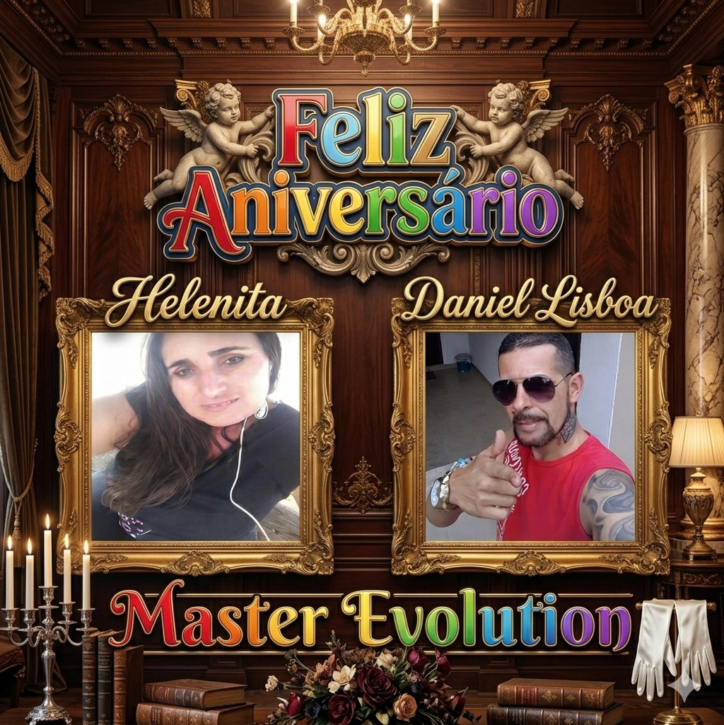 Decorative birthday collage with Feliz Aniversario text and two framed portrait photos in an ornate room
