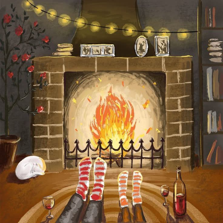 Painted cozy room with striped socks by a lit fireplace, books, wine, and a sleeping white cat