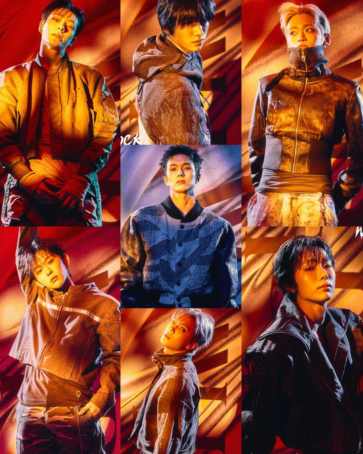 Nine K-pop male artists in individual portrait shots arranged in a 3x3 collage with red and orange dramatic lighting
