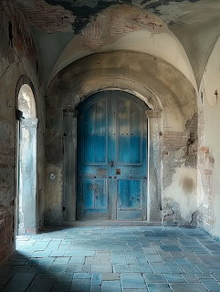 Weathered blue wooden door in arched stone corridor with vaulted ceiling and terracotta tile floor