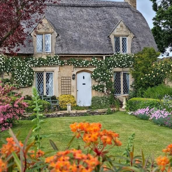 Stone cottage with thatched roof and white door, surrounded by lush garden with orange flowers in foreground