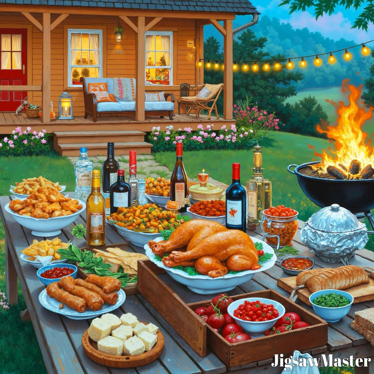 Evening backyard BBQ table with grilled meats, appetizers, and beverages by a lit firepit and cabin porch