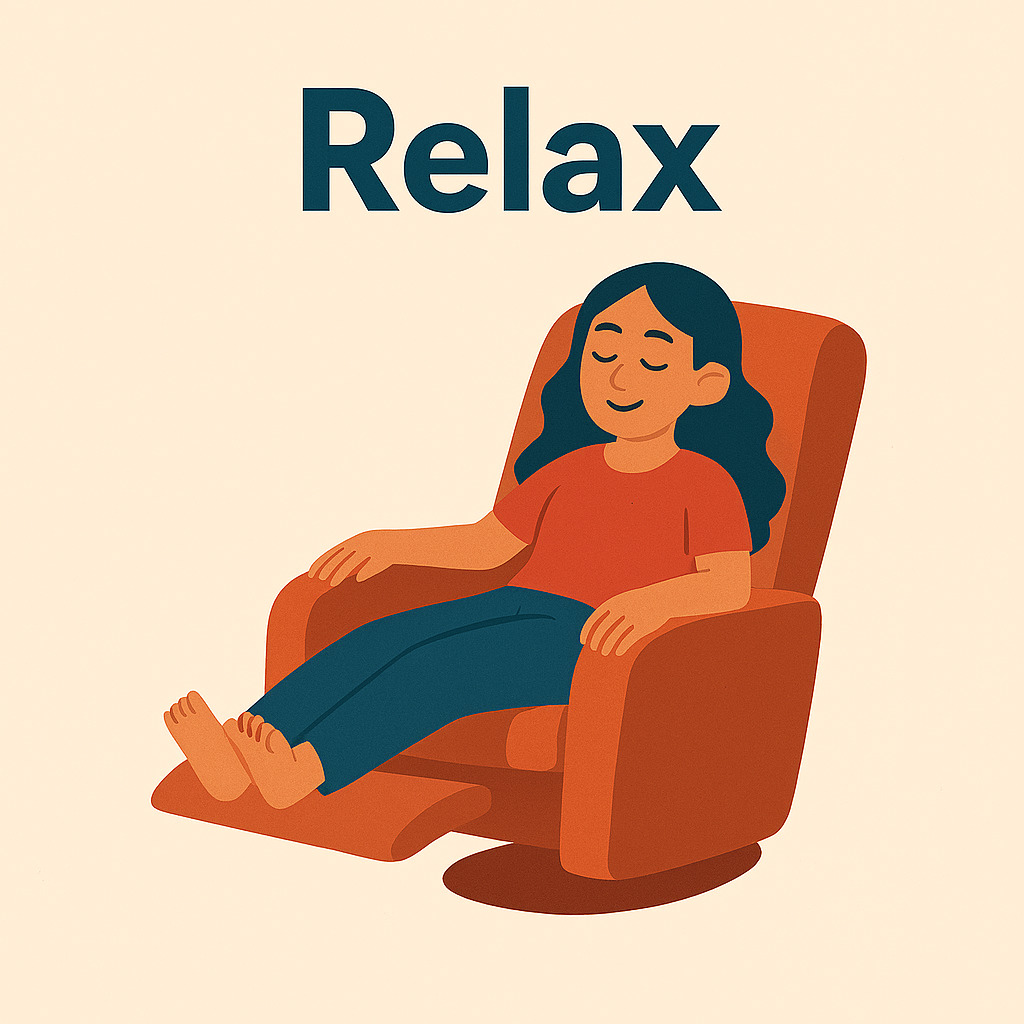 Illustration of a relaxed woman sitting in a recliner chair beneath the word Relax