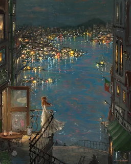 Painting of a woman by a waterfront at night overlooking a harbor with city lights and boats