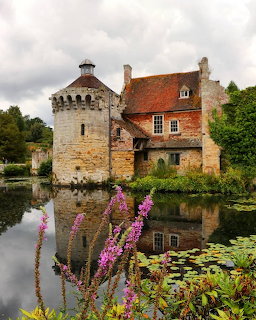 Medieval castle with round tower and manor house beside moat with water lilies and pink flowers
