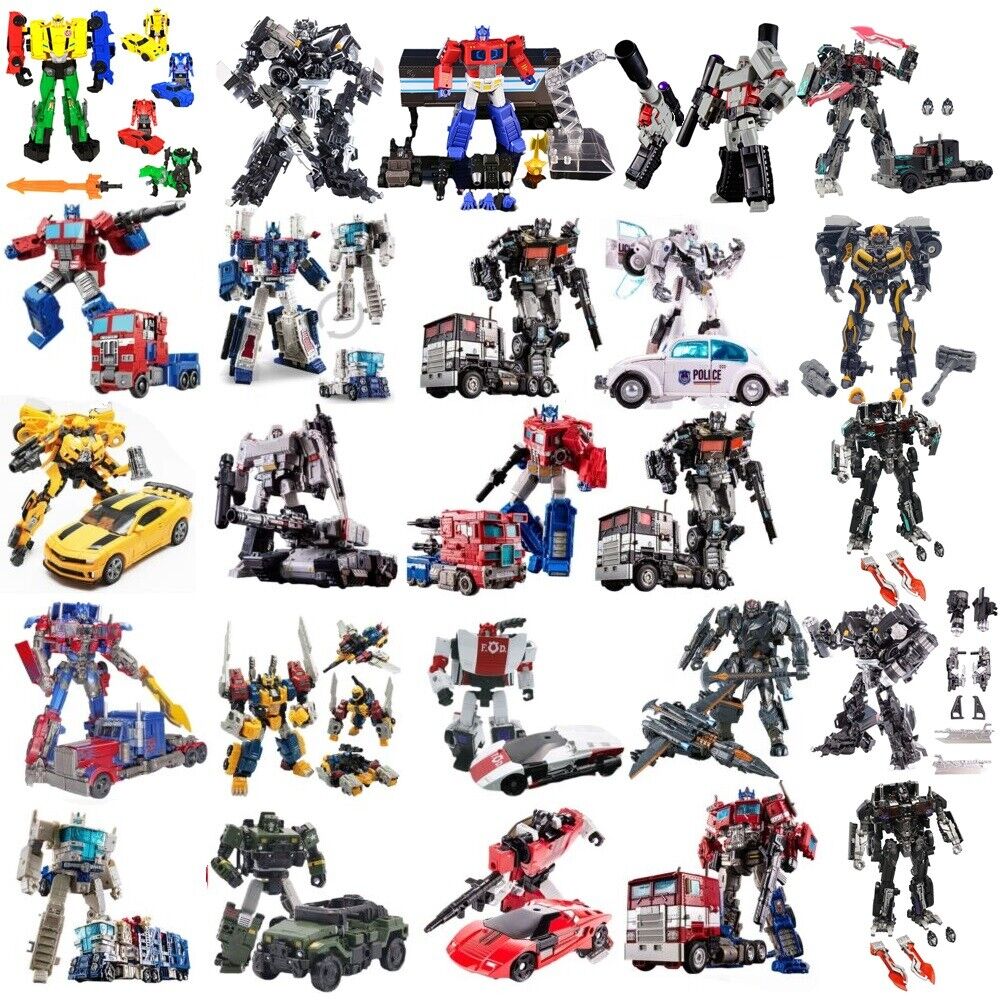 Multiple Transformers toy robots and vehicles arranged in rows on white background