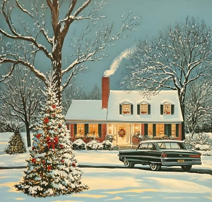 Snowy winter evening with lit house, Christmas tree, and vintage car in front yard