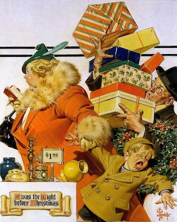 Vintage illustration of Santa Claus with child and colorful wrapped Christmas presents by J.C. Leyendecker 1936