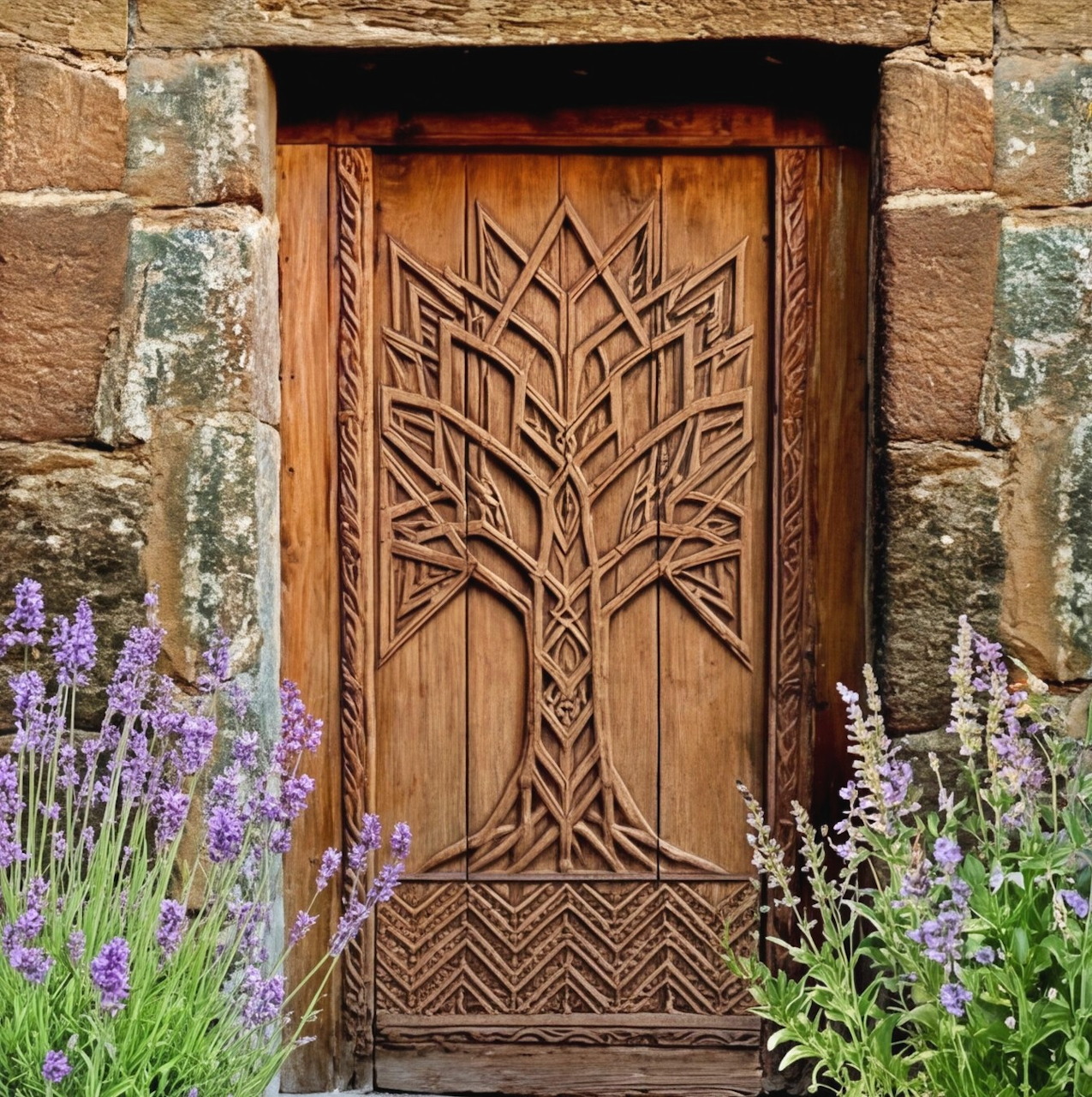 Ornately carved wooden door in a stone wall with lavender flowers on both sides