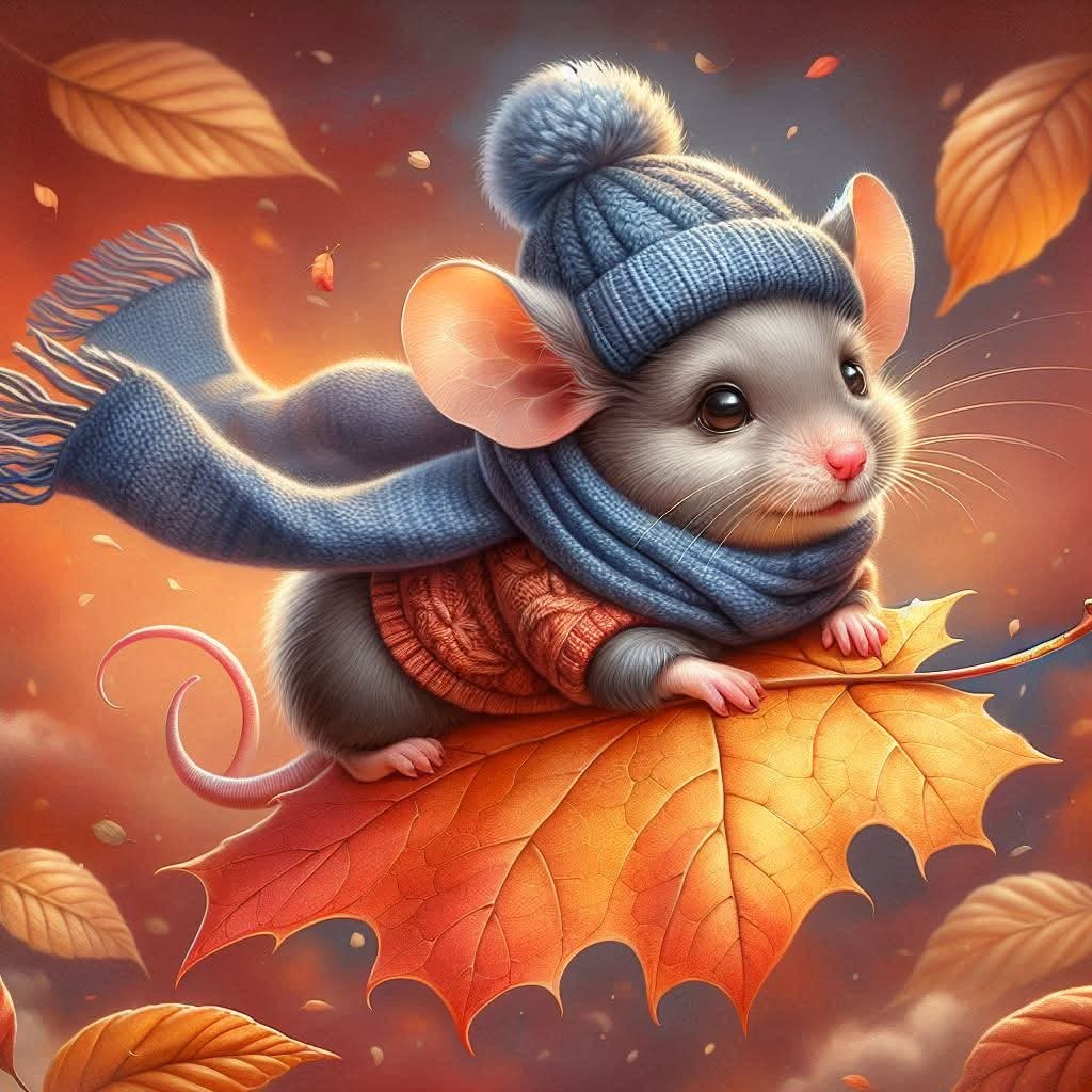 Cute cartoon mouse in blue knit hat and scarf riding an orange autumn leaf