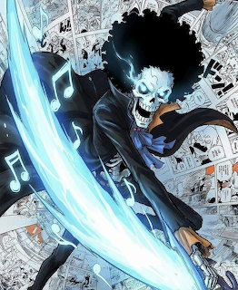 Anime character with black hair swinging luminous blue sword in dynamic pose over manga panels