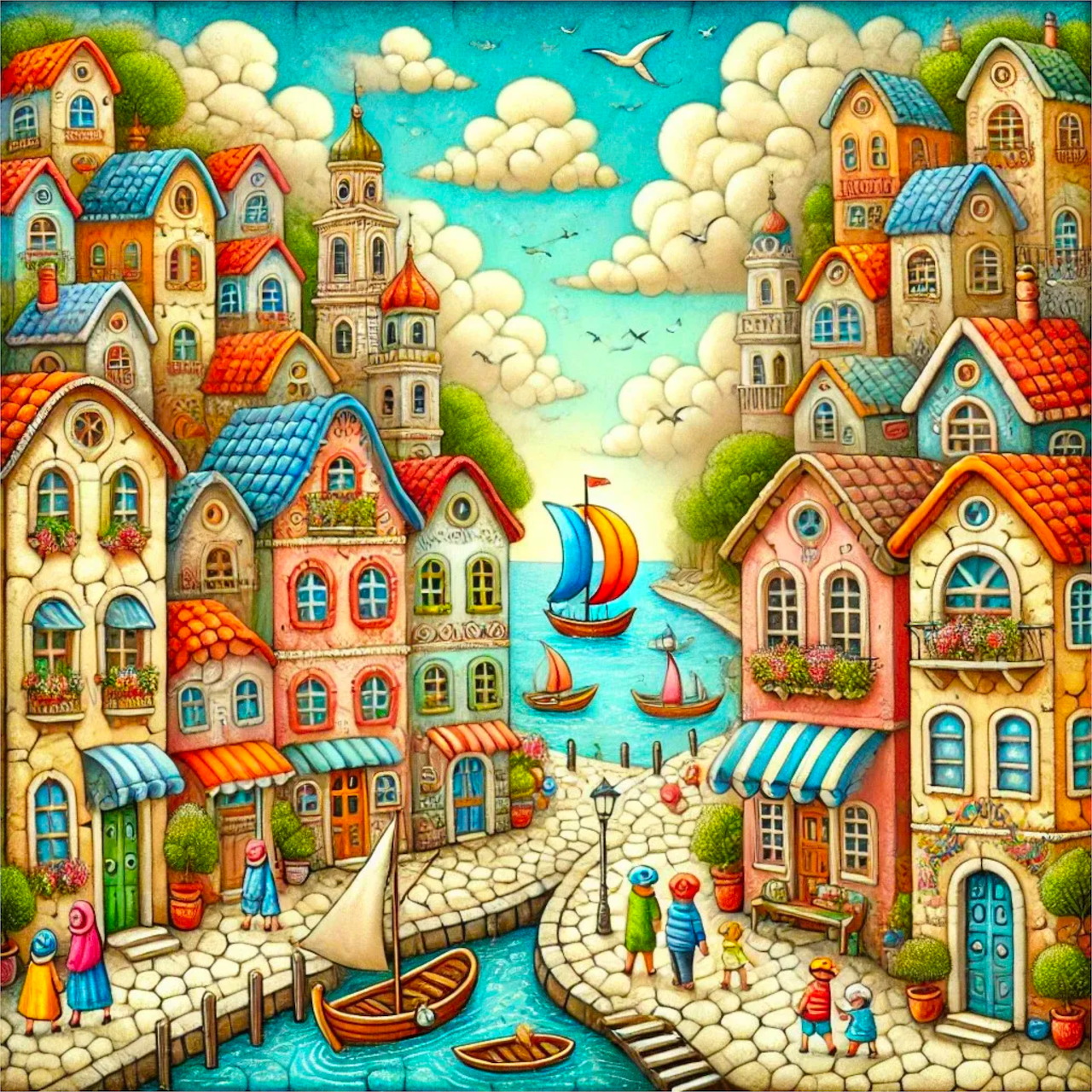 Whimsical illustrated harbor village with colorful houses, boats, and marketplace