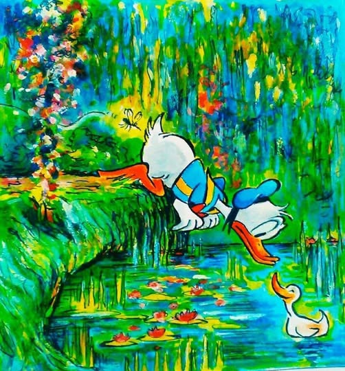 Donald Duck leaning over a lily pond in a colorful garden with a white duck nearby