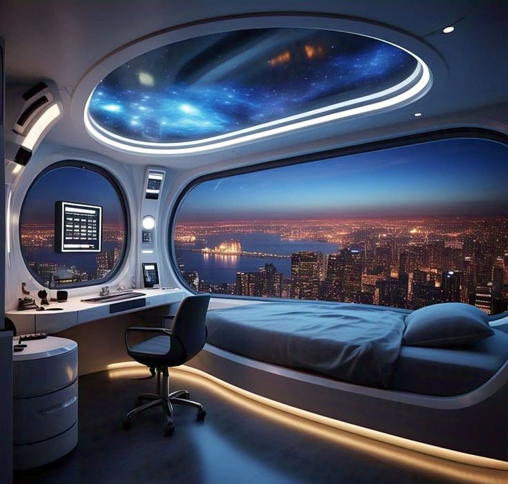 Futuristic bedroom with curved bed, desk, and large window overlooking a city at night