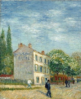 Van Gogh painting of Restaurant Rispal with figures on street, cypress tree, and blue sky