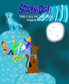 Scooby-Doo cartoon poster with the gang, a moon, and a ghostly wolf above them