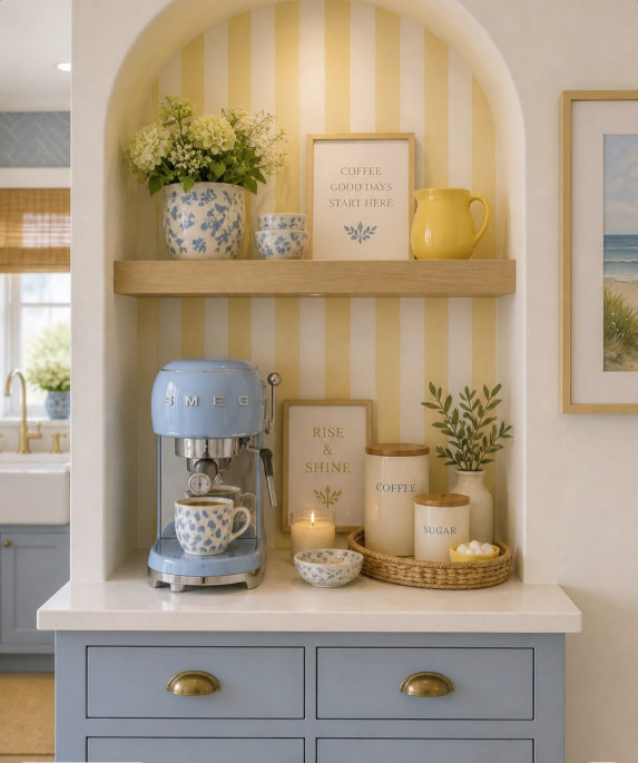 Coffee station in arched nook with blue cabinet, espresso machine, plants and decorative prints