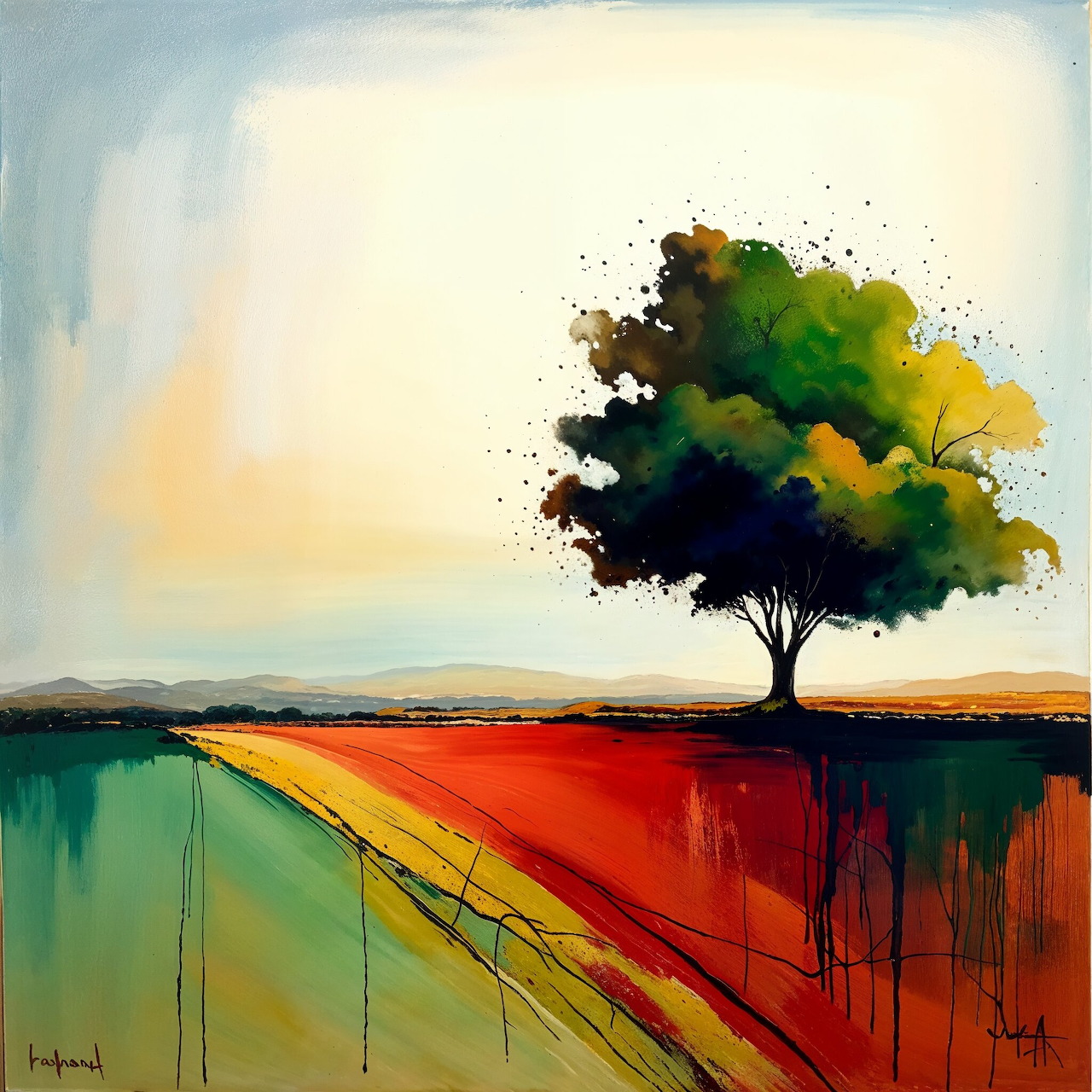 Abstract painting of a tree on a horizon with bold colorful striped landscape below