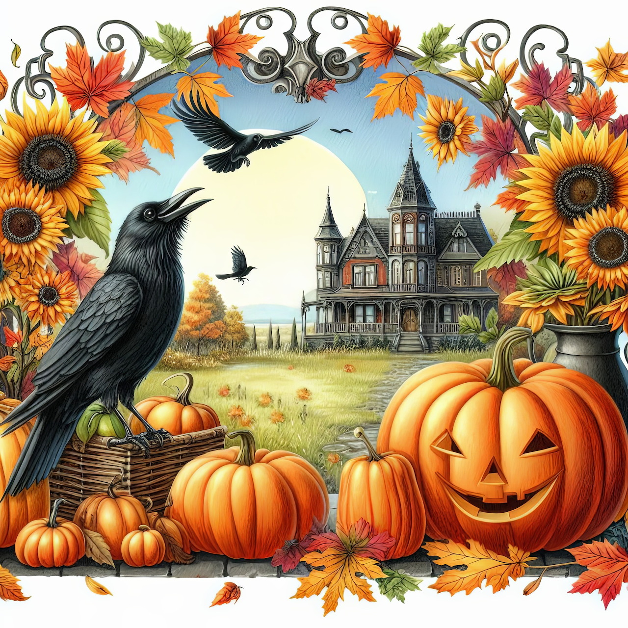 Black crow with pumpkins, sunflowers, and Victorian mansion in autumn setting