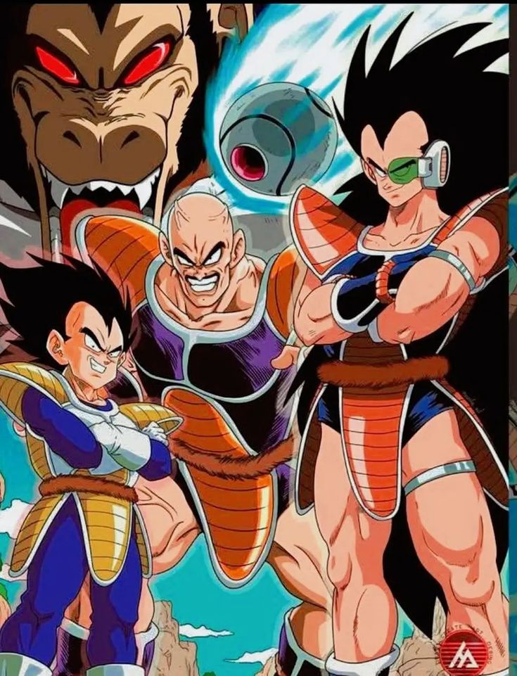 Dragon Ball Z characters including Goku and Vegeta in fighting stances with glowing energy auras