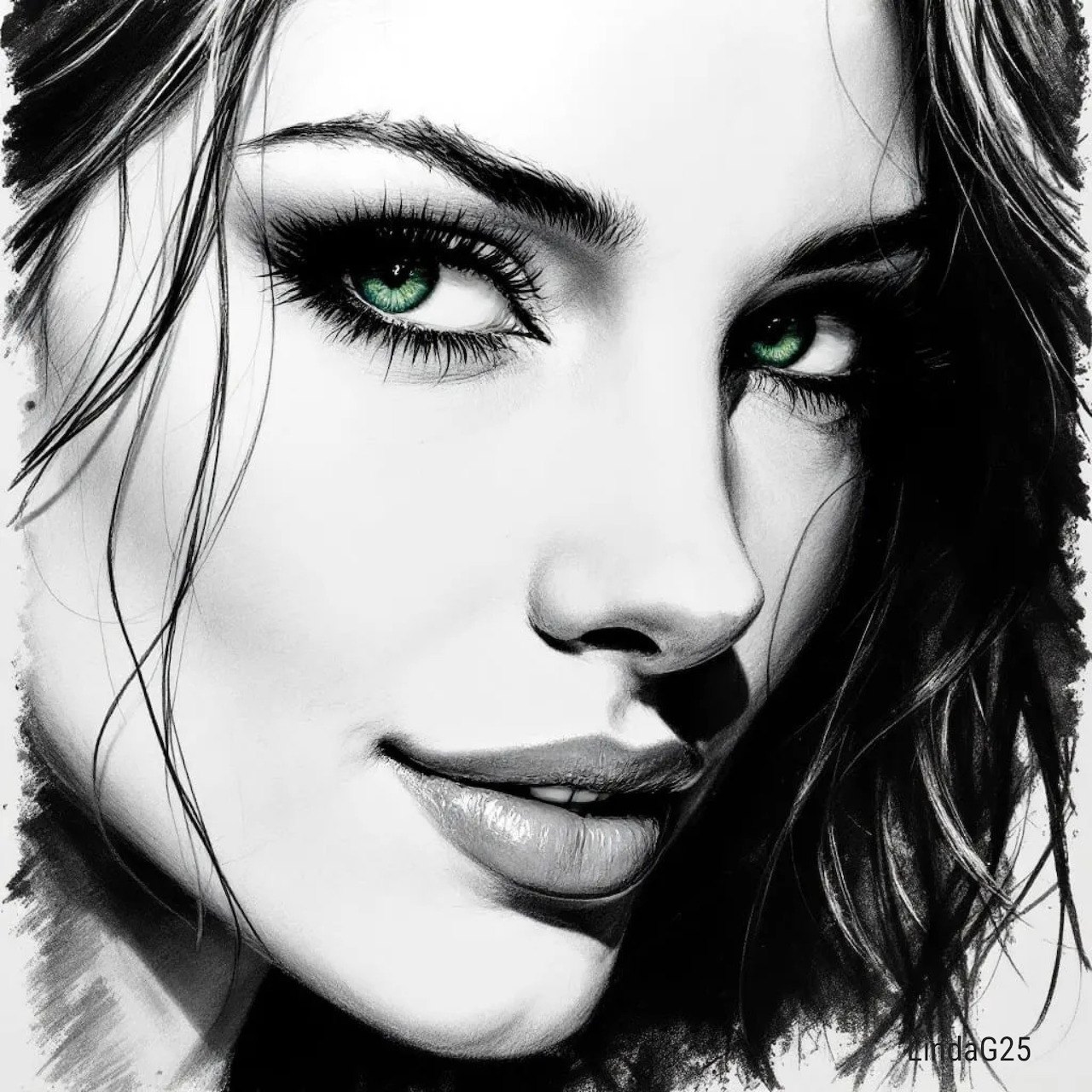 Stylized black-and-white close-up of a woman's face with vivid green eyes and dark hair