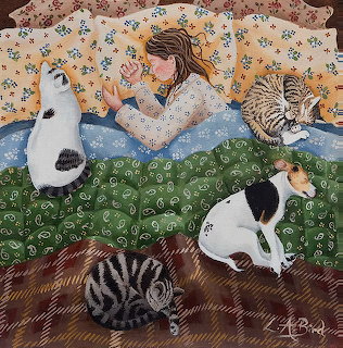 Woman with long hair lying on patterned bed surrounded by five cats in folk art style