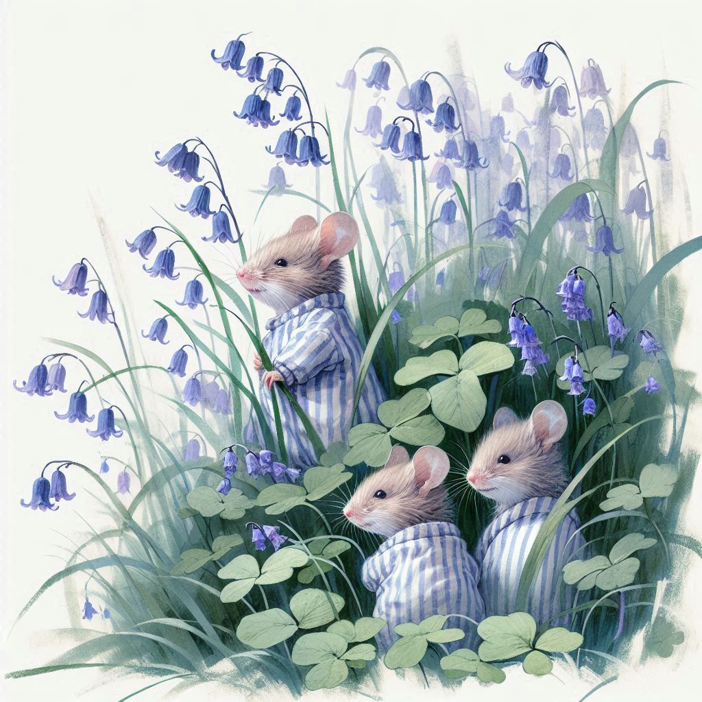 Watercolor painting of mice hiding in bluebells and clover