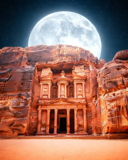 Petra's Treasury temple carved into red rock cliff beneath a giant full moon in a starlit sky
