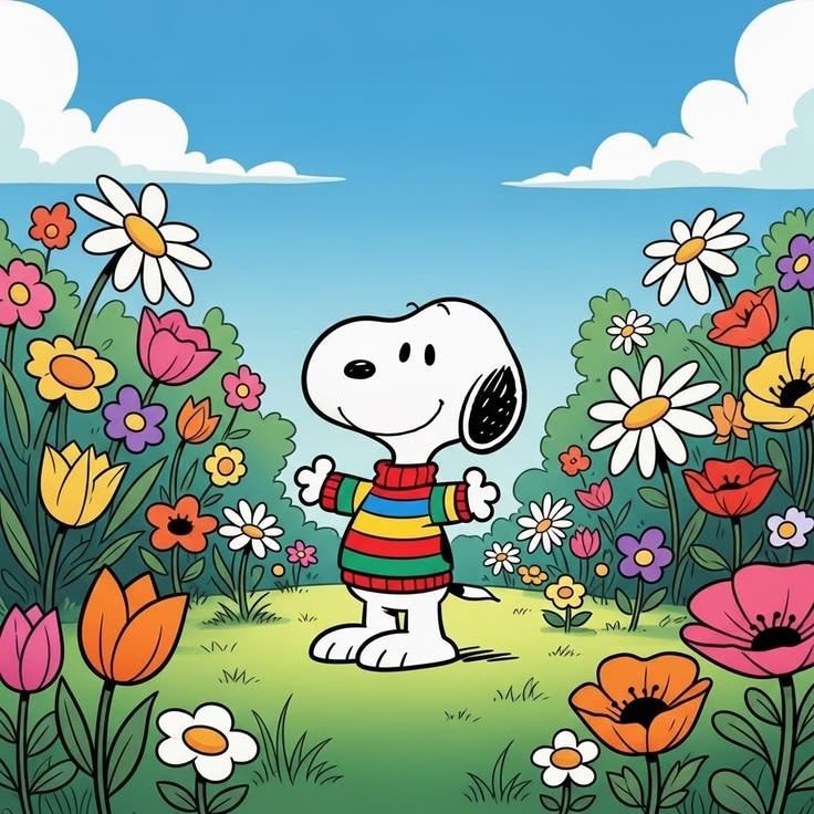 Cartoon Snoopy in a striped shirt standing in a colorful flower garden with daisies and tulips