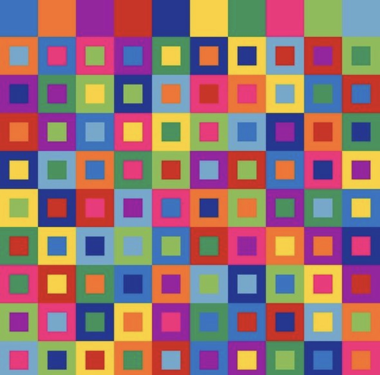 Grid of colorful squares in red, blue, yellow, green, purple, orange, and pink arranged in a geometric pattern
