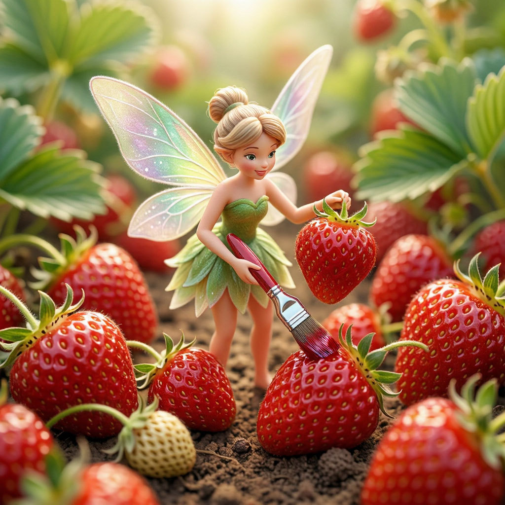 Tiny fairy with translucent wings and a paintbrush standing among large ripe strawberries